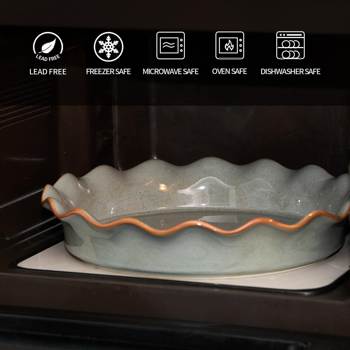 SIDUCAL Ceramic Pie Pan for Baking[10.5 inch],Reusable NonStick Ceramic Pie Plate with Ruffled Edge,Deep and Fluted Pie Dish for Apple Pie,Quiche,Pot Pies, Tart, etc（Green） SIDUCAL