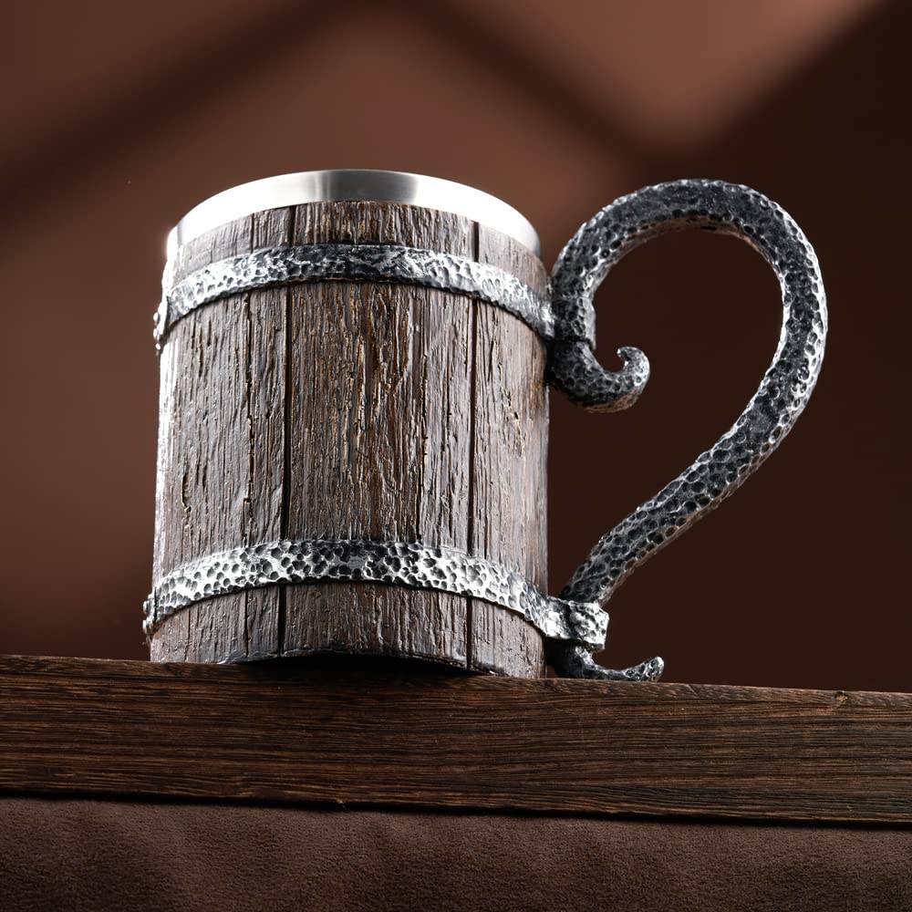 Arola Handmade Wooden Barrel Beer Mug, Stainless Steel Vintage Beer Cup, Medieval Drinkware Mug for Coffee/Beverage/Juice17oz Gift for Men. Arola