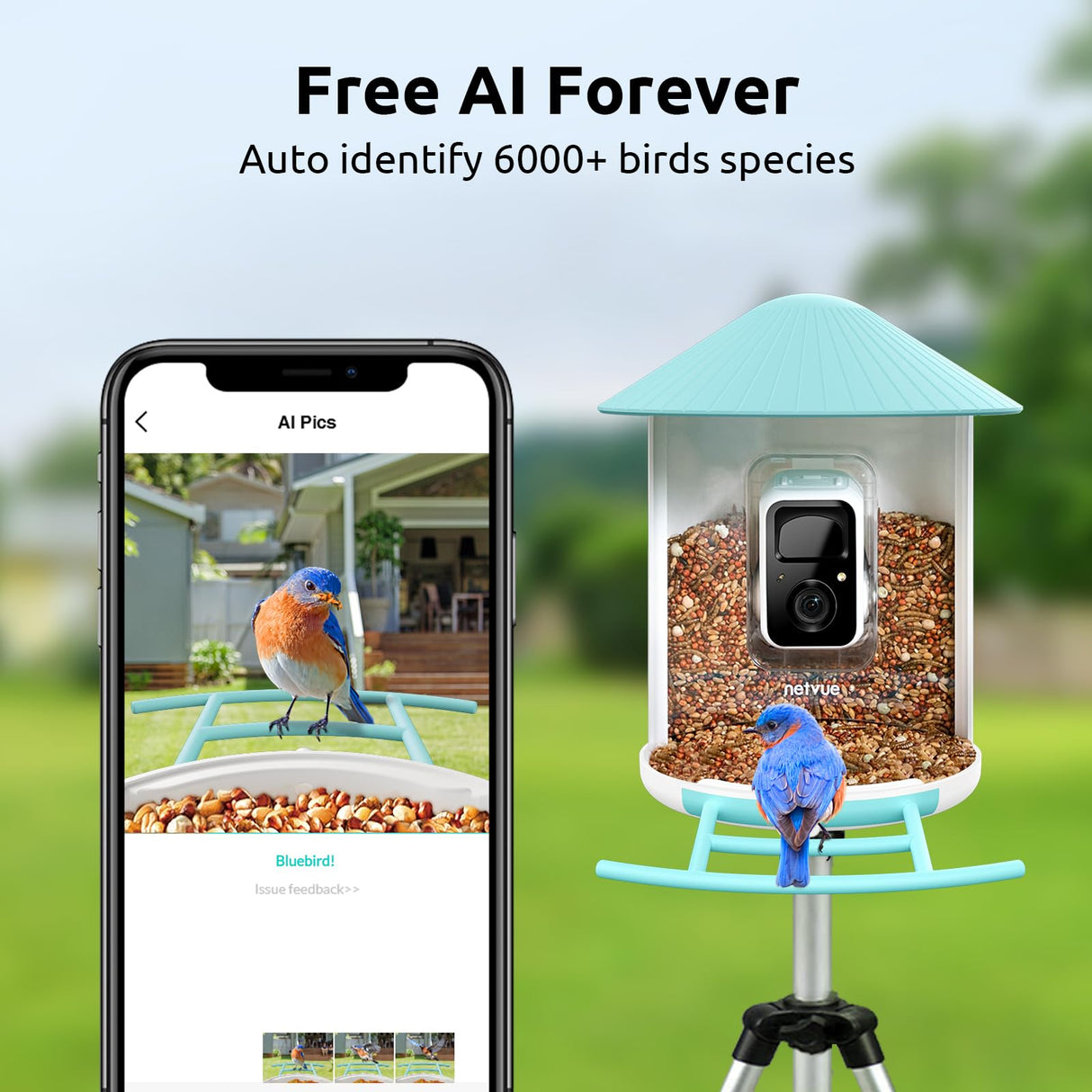 NETVUE Birdfy® AI Smart Bird Feeder with Camera Solar Powered, Lifetime AI Auto Capture Each Bird Come & Identify 6000+ Bird Species, Cloud Store Bird Videos & Birdwatching On Live, Ideal Gift (Blue) NETVUE