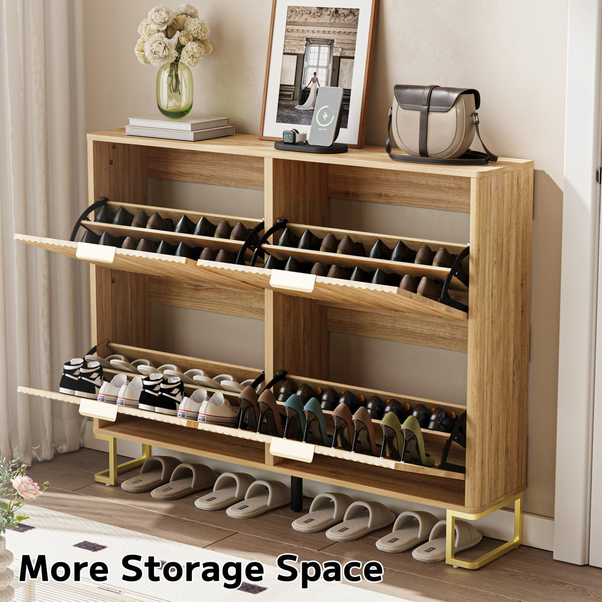 DAMCROP Fluted Shoe Cabinet Storage with 4 Flip Drawers, Wood Narrow Hidden Shoe Cabinet with Metal Legs & Adjustable Shelf for Entryway, Freestanding Slim Shoe Rack Organizer for Hallway Living Room DAMCROP