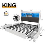 YUMPIE King Bed Frame with Bookcase Headboard, Farmhouse Upholstered Platform Bed with 4 Storage Drawers, LED Bed with Charging Station, Wood Slats Support, No Box Spring Needed, Distressed White YUMPIE