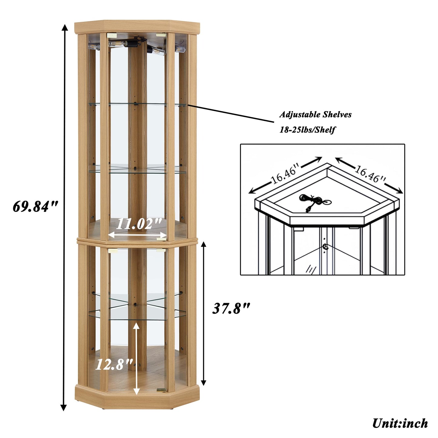 XZTUAJ 69" H Lighted Curio Cabinet - Corner Display Case with Adjustable Shelves and Tempered Glass, Wooden Cabinet with Mirrored Back Pane for Living Room (Light Oak)