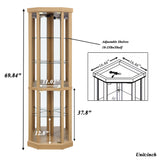 XZTUAJ 69" H Lighted Curio Cabinet - Corner Display Case with Adjustable Shelves and Tempered Glass, Wooden Cabinet with Mirrored Back Pane for Living Room (Light Oak) XZTUAJ