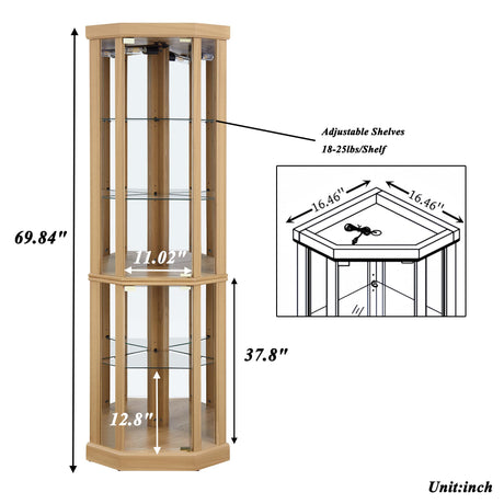 XZTUAJ 69" H Lighted Curio Cabinet - Corner Display Case with Adjustable Shelves and Tempered Glass, Wooden Cabinet with Mirrored Back Pane for Living Room (Light Oak) XZTUAJ