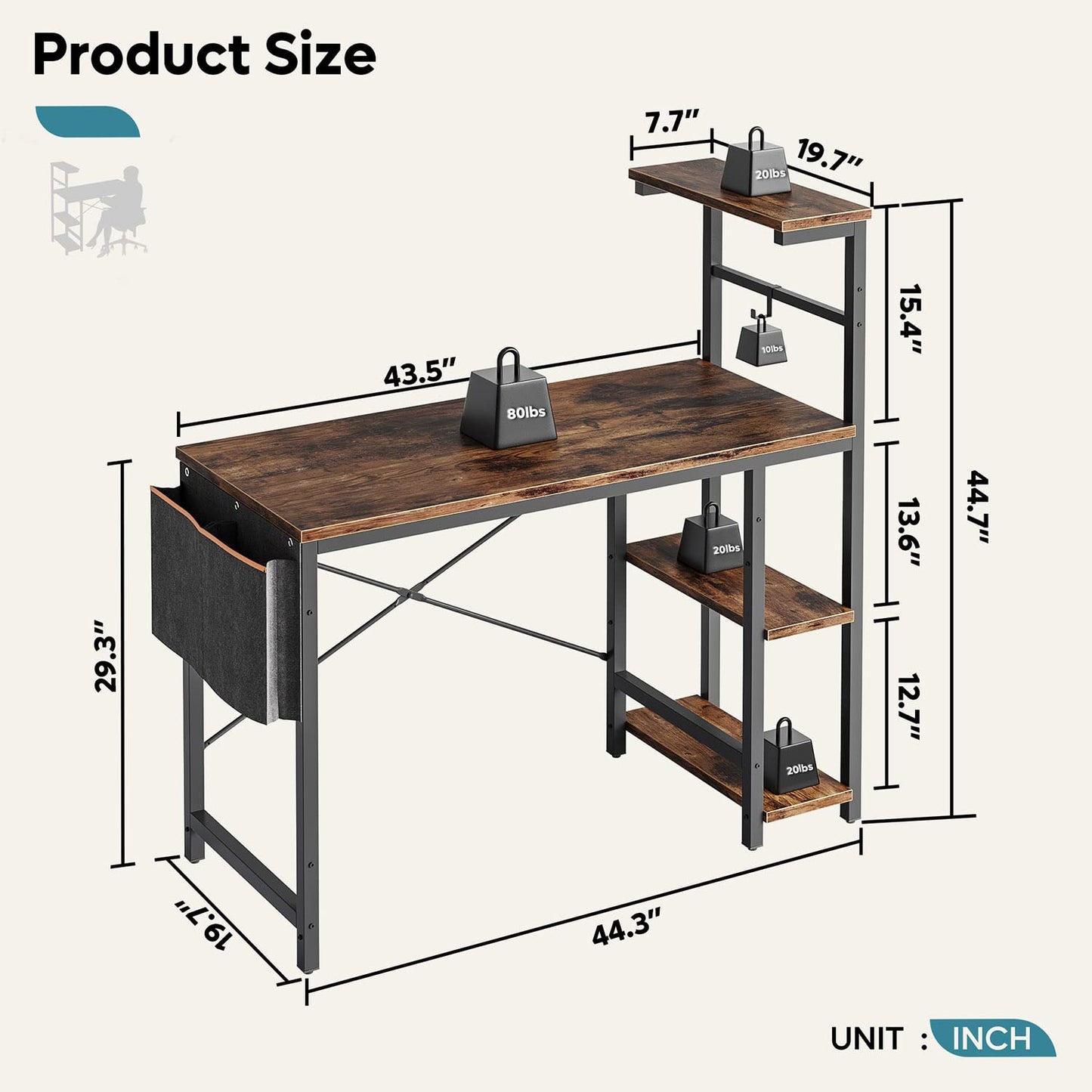 Bestier Computer Desk with LED Lights, Gaming Desk with 4 Tier Shelves, 44 Inch Office Desk with Storage Bag & Printer Shelf (Rustic Brown)