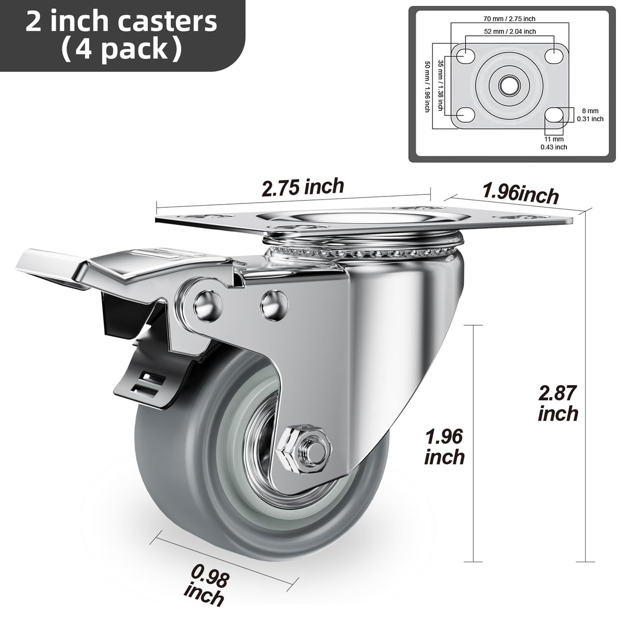 2 inch Caster Wheels Set of 4 Heavy Duty - CLOATFET Locking Casters, Swivel Casters with Brake (Top Plate), Non Marking Grey TPR Rubber Castor Wheels for Cart Furniture Workbench CLOATFET