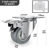 2 inch Caster Wheels Set of 4 Heavy Duty - CLOATFET Locking Casters, Swivel Casters with Brake (Top Plate), Non Marking Grey TPR Rubber Castor Wheels for Cart Furniture Workbench CLOATFET