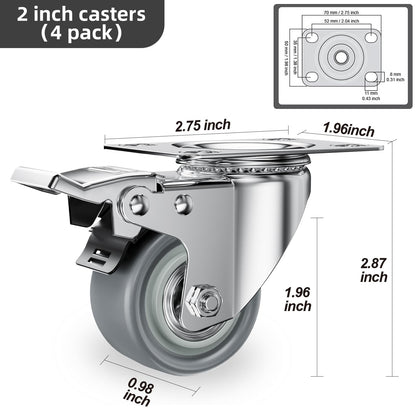 2 inch Caster Wheels Set of 4 Heavy Duty - CLOATFET Locking Casters, Swivel Casters with Brake (Top Plate), Non Marking Grey TPR Rubber Castor Wheels for Cart Furniture Workbench