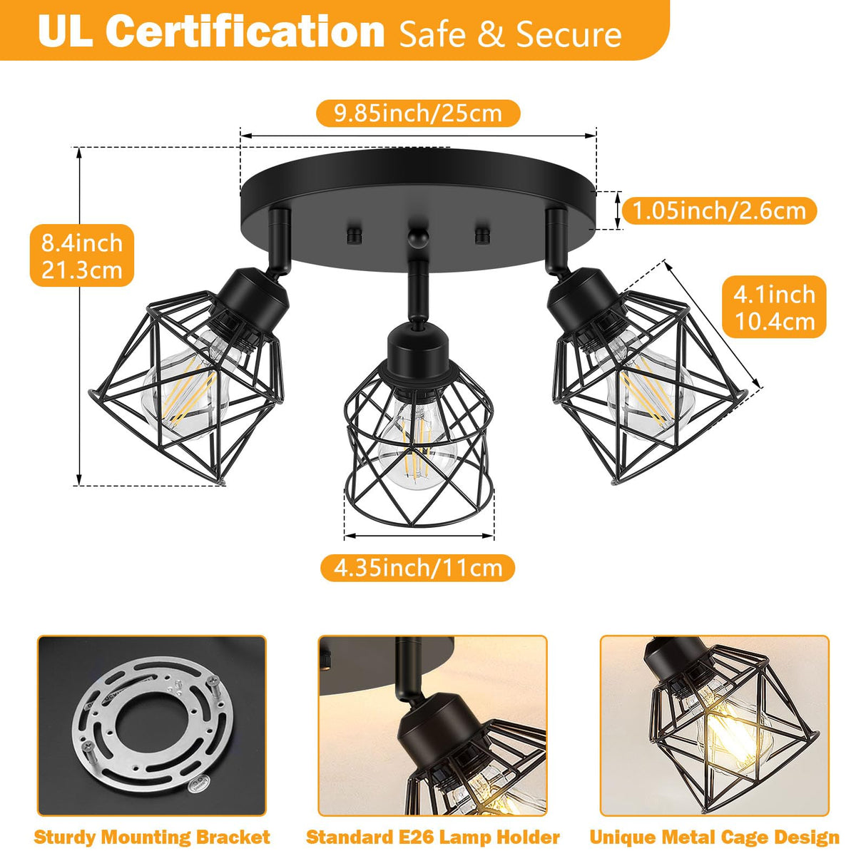 Baocuz 3-Light Kitchen Flush Mount Ceiling Light, Adjustable Multi-Directional Ceiling Light Fixture, Farmhouse Black Metal Cage Close to Ceiling Lamp for Dining Room Bedroom Hallway Baocuz