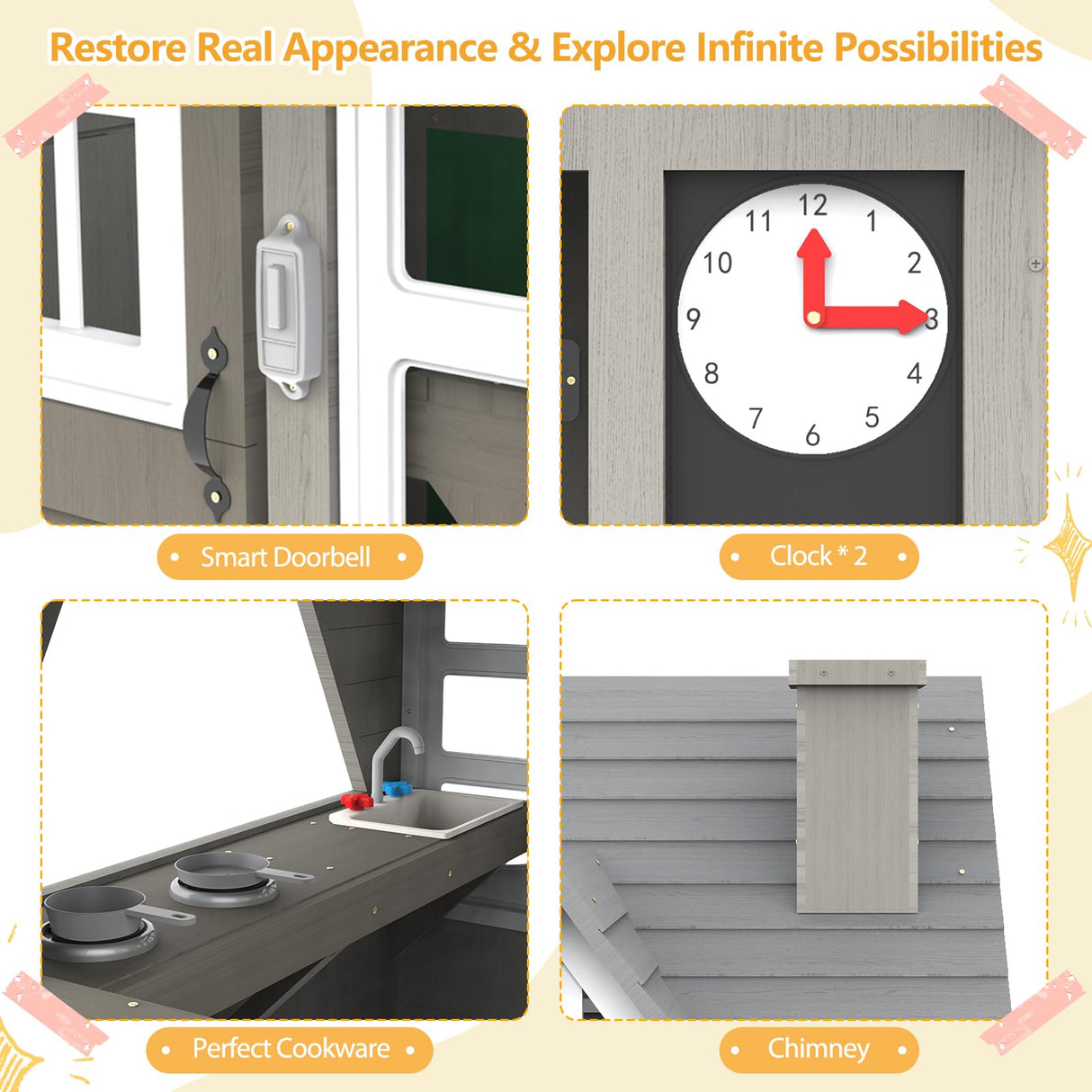 Segmart Kids Playhouse, Indoor and Outdoor Playset, Cedar Modern Gray Wooden Play House for Kids Ages 4-8, Kitchen with Spatulas, Induction Cooker, Flower Pot Rack, Functional Doorbell and Sink SEGMART