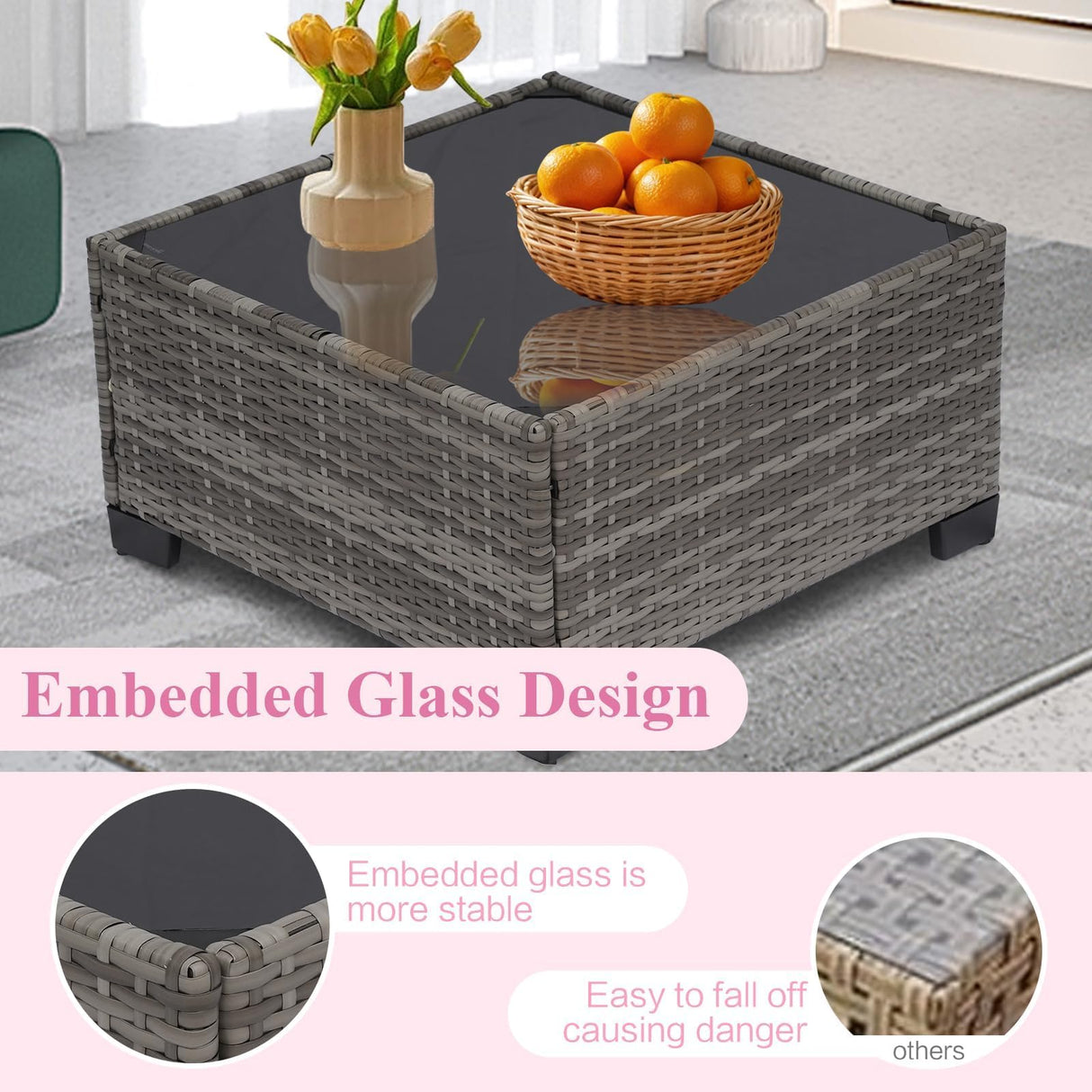 XTWEEX 7-Piece Outdoor Rattan Sectional Sofa Set, Gray Wicker Patio Furniture Sets with Navy Blue Cushions for Balcony, Porch, Backyard XTWEEX