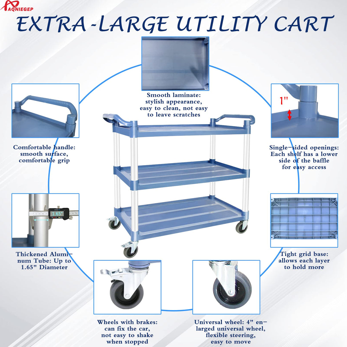AQNIEGEP Utility Carts with Wheels Rolling Cart Commercial Kitchen Cart Large Food Service Cart Heavy Duty, 600 Lbs Load Capacity, Lockable Wheels, Rubber Hammers AQNIEGEP