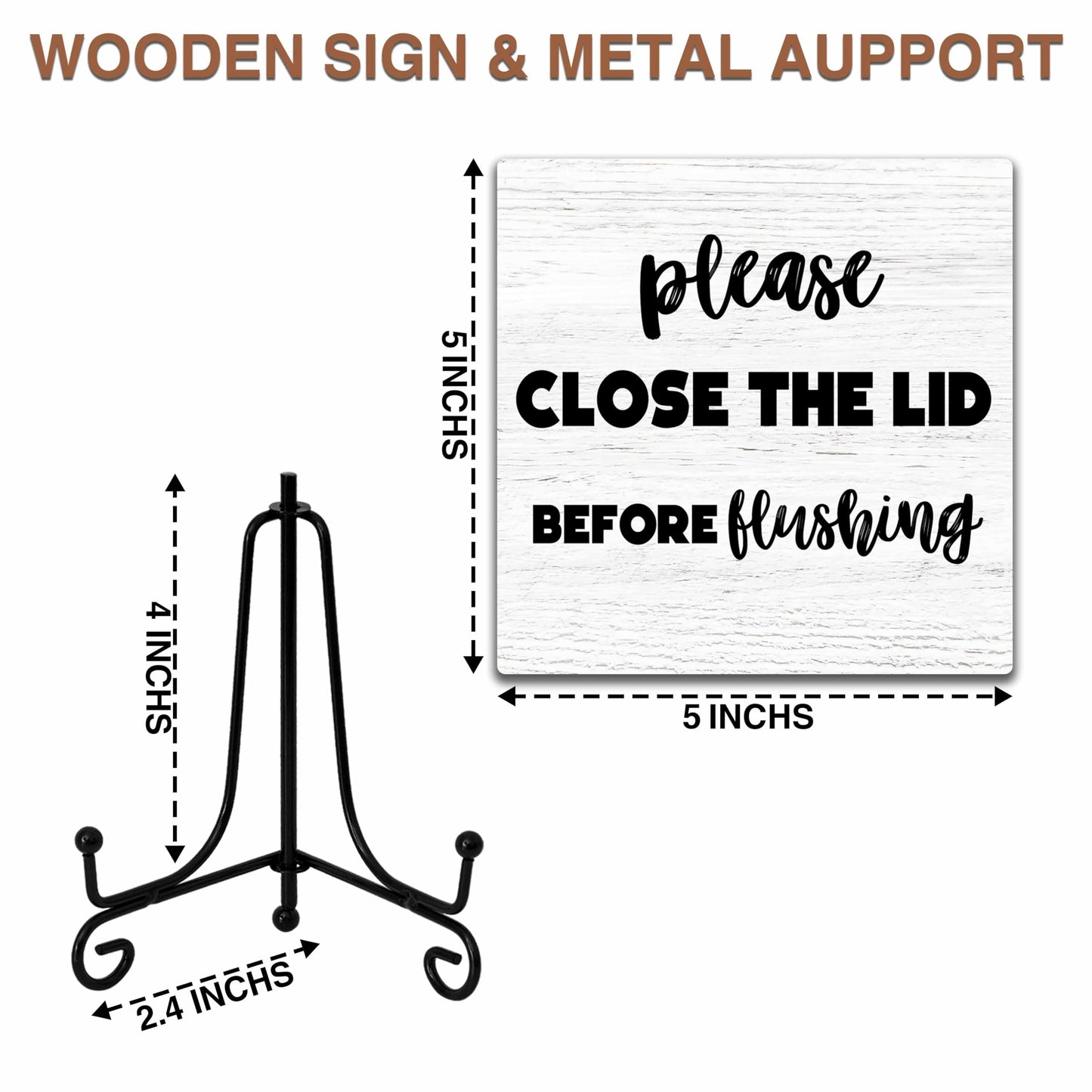 Funny Wooden Sign Gifts, Please Close The Lid Before Flushing Wood Plaque With Metal Stand, Funny Bathroom Wooden Sign for Home Office Restroom Toilet Shelf Table Decor-D10 - WoodArtSupply