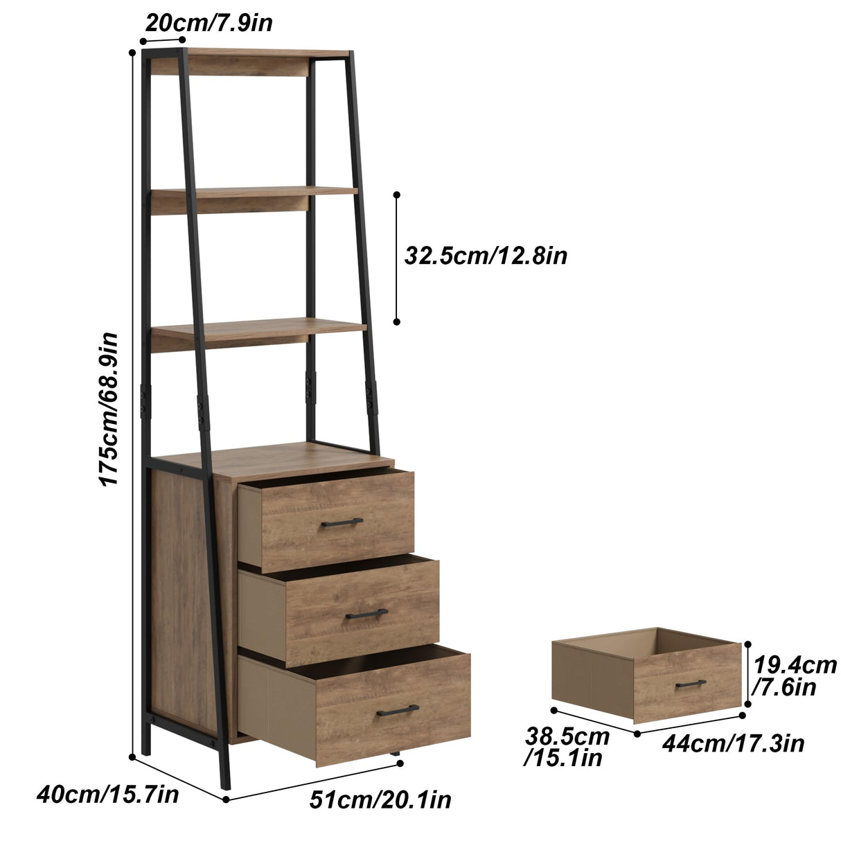 BOTLOG Industrial Ladder Bookshelf with 3 Fabric Storage Drawers, 4-Tier Bookcase, Display Standing Shelf Unit Storage Organizer for Living Room, Entryway, Office, Rustic Brown BOTLOG