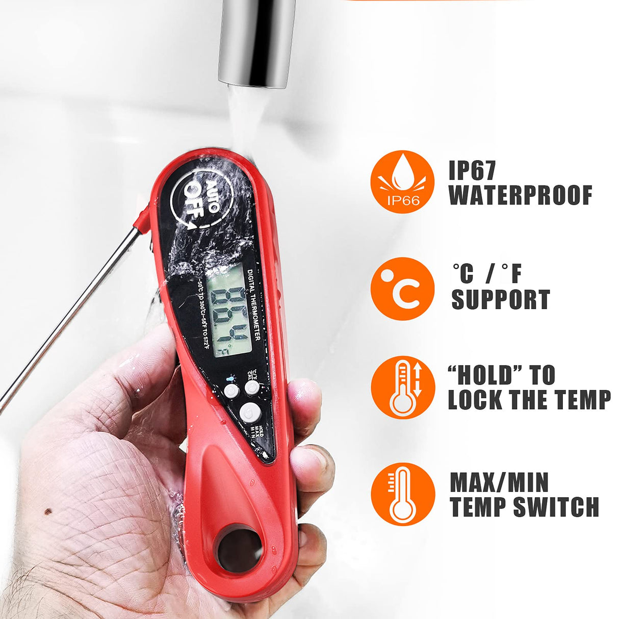 Sangaotian Digital Meat Thermometer, Instant Read Cooking Thermometer with Backlight, Magnet, Waterproof & Foldable, Fast & Precise, Ideal for Deep Fry, BBQ & Roast Turkey,Red sangaotian