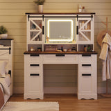 Vabches Farmhouse Makeup Vanity with Sliding Cabinets, White Vanity Desk with Lights Mirror and Power Outlet, Rustic Dressing Table with 4 Drawers&2 Storage Cabinets for Bedroom Vabches