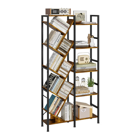 5-Tier Double Wide Bookshelf 67" , Industrial Tree BookShelves, Vintage Storage Rack with 14 Open Shelves, Large Bookcase, Wooden and Metal Bookshelves, Wide Display Rack for Home Office Decorative Cutogxon