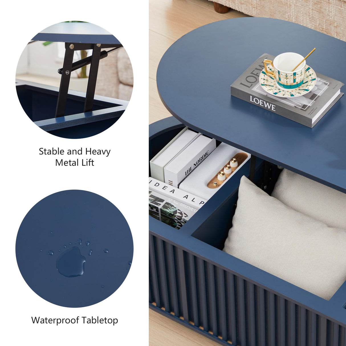 CHILILTDUS Oval Lift Top Coffee Table with Storage, 43.3”Mid Century Modern Center Table with Hidden Compartment, Fluted Wooden Lift Tabletop Dining Table for Living Room Apartment Home Office,Blue CHILILTDUS