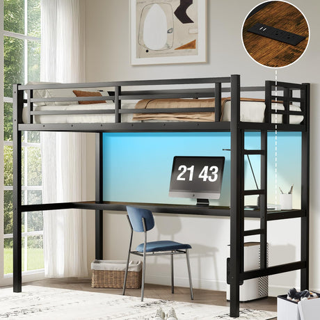MAKIAAP Twin XL Size Metal Loft Bed with Desk & Ladder, LED Lights & Charging Station, Sturdy Noise-Free Frame for Kids, Teens & Adults, 350LBS, Space-Saving Design (Black, Twin XL) MAKIAAP
