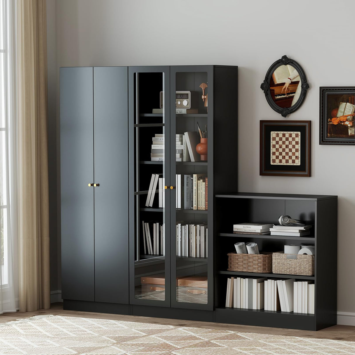 IRONMIX Metal Black Bookshelf with Doors, Tall Bookshelf with 4 Adjustable Shelves, 70.87" H Modern Curio Cabinet for Collectibles, Cabinet Display Case for Home Office, Living Room, School, Library IRONMIX