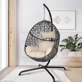 NICESOUL Oversized Patio Swing Egg Chair, Cozy Bird Cage Hanging Basket Chairs with Stand, Indoor Outdoor Large Rattan Swinging Chair, 450 lbs Sturdy Egg-Shape Padded Seat for Balcony Outside, Beige NICESOUL