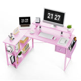 DOMICON Gaming Desk, 47 inch L Shaped Gaming Desk, Computer Desk with LED Lights & Adjustable Stand, Power Outlets, Storage Drawer, Reversible Gaming Desk with Shelves, Hook, Carbon Fiber Pink DOMICON