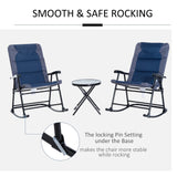 Outsunny 3 Piece Outdoor Patio Furniture Set with Glass Coffee Table & 2 Folding Padded Rocking Chairs, Bistro Style for Porch, Camping, Balcony, Navy Blue Outsunny
