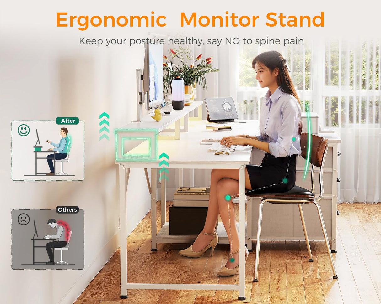 Coleshome 94" Computer Desk with Fabric Drawers & File Cabinet- 2 Person Home Office Desks with Power Outlet & LED Light, Long Writing Desk with Monitor Stand, Storage Shelves, Study/Work Table, White Coleshome
