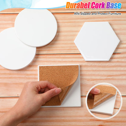 Tioncy 72 Pieces Square Hexagon Round Sublimation Coasters Blanks White Glazed Ceramic Coasters with Cork Backing Pads Heat Transfer for DIY Crafts Painting Home