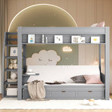 Full Over Full/Futon Bunk Bed with Storage Movable Stairs, Wood Bunkbed Full Size with 3 Drawers Convertible Couch Bed, Multi-functional Full Bed Frame for Kids Teens, No Box Spring Needed (Gray) CAPCAEK