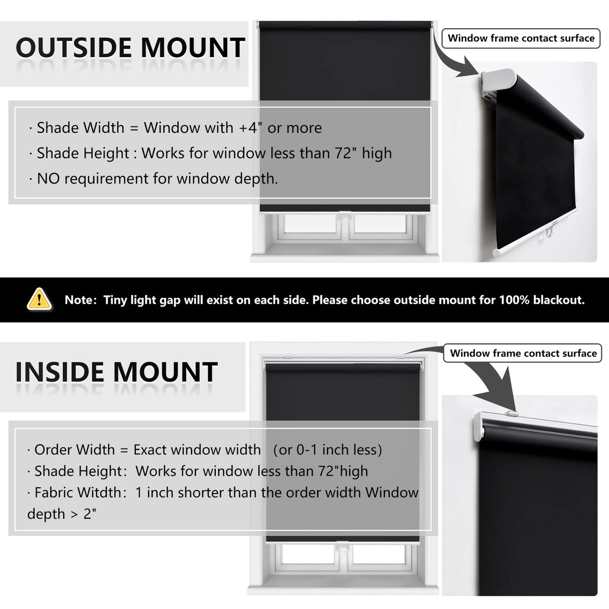 AOSKY Cordless Roller Shades Blackout Blinds for Windows Room Darkening Rolled Up Shades with Spring System, UV Protection Window Shades Door Blinds for Home and Office (25" W x 72" H, Black) AOSKY