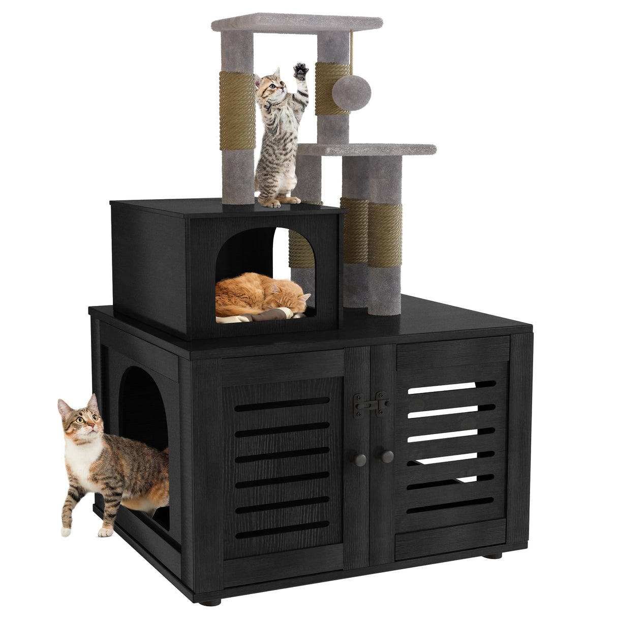 DKLGG Large Wooden Cat Tree House with Hidden Litter Box Enclosure | Multi-Functional Cat Furniture Featuring Sisal Scratching Post, Plush Perch Platform & Divided Condo for Indoor Cats (Black) DKLGG