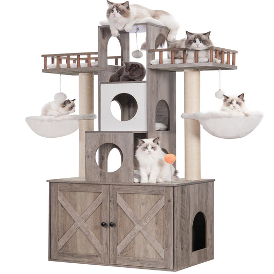 Heybly Cat Tree with Litter Box Enclosure for Indoor Big Cat, Cat Tower for Large Cats 20 lbs Heavy Duty, Modern Cat Condo Furniture with Scratching Posts, Rustic Gray HCT110SG - WoodArtSupply