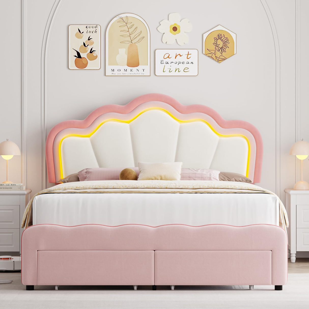 HOSTACK Queen Upholstered LED Bed Frame with Storage Drawers, Cute Girls Bed with Adjustable Lotus Headboard, Velvet Princess Platform Bed Frame, Wooden Slats Support, No Box Spring Needed, Pink/Beige HOSTACK