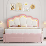 HOSTACK Queen Upholstered LED Bed Frame with Storage Drawers, Cute Girls Bed with Adjustable Lotus Headboard, Velvet Princess Platform Bed Frame, Wooden Slats Support, No Box Spring Needed, Pink/Beige HOSTACK