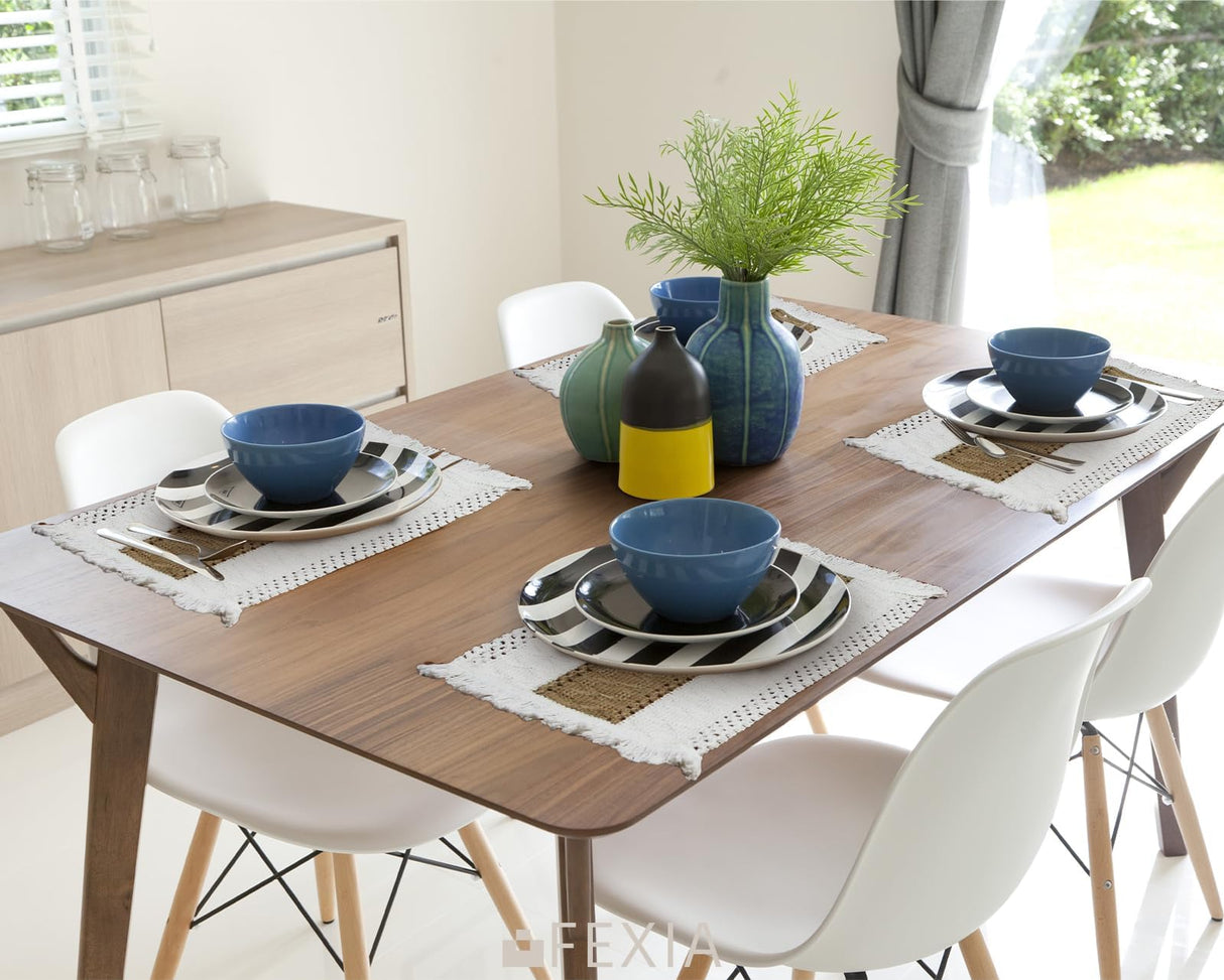 FEXIA Boho Placemats Set of 4, Macrame Table Decor Farmhouse Style Placemats in Natural Cotton Burlap, for Kitchen and Dining Table Centerpiece Home Decorations FEXIA