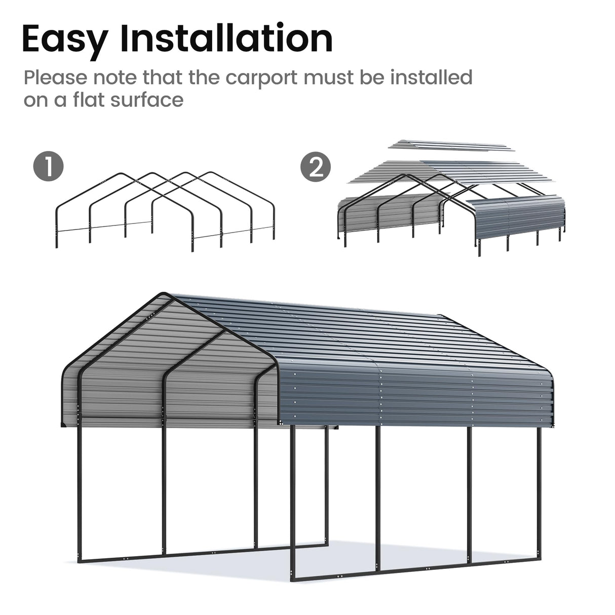 10'x15' Heavy Duty Metal Carport, Outdoor Garage Car Shelter Shade with Heavier Metal Frame, Galvanized Metal Roof for Car and Boats, Grey Real Relax