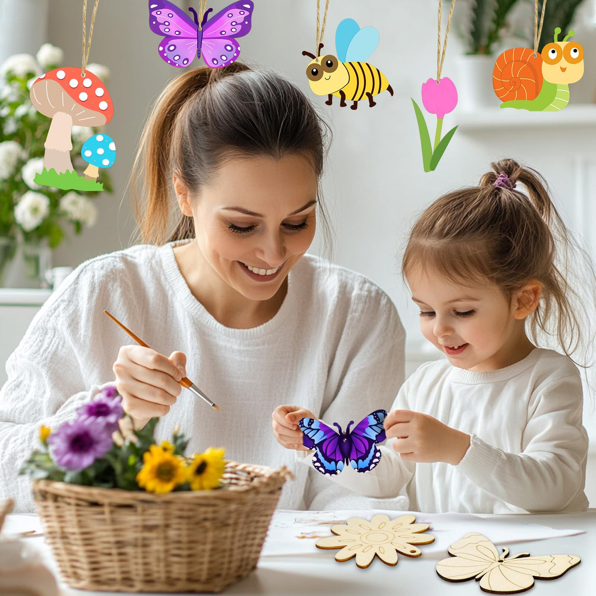 Catephe Unfinished Wood Crafts, 36 Pcs Wooden Crafts to Paint, 12 Styles Blank Wooden Spring Ornaments to Paint, Butterfly Dragonfly Snail Flower Shape for DIY Crafts Home Decoration Craft Project Catephe