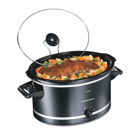 Hamilton Beach Slow Cooker with 3 Cooking Settings, Dishwasher-Safe Stoneware Crock & Glass, 8-Quart Built-In Lid Rest, Black Hamilton Beach