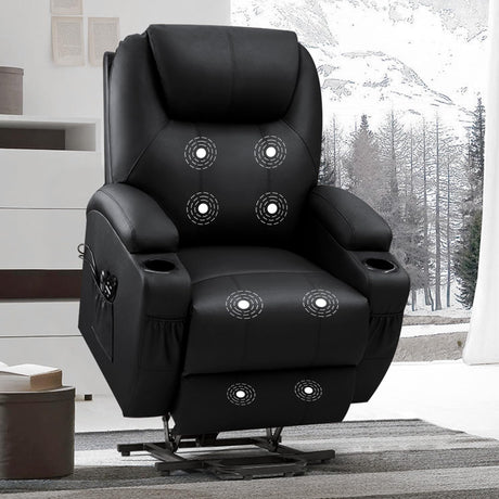 VICTONE Electric Power Lift Recliner Chair for Elderly Reclining Sofa for Living Room with Massage, Side Pockets and Cup Holders (Leather, Black) VICTONE