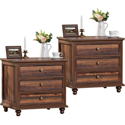 Joaxswe 24" Wide Farmhouse Night Stand Set of 2,Large End Table with 3 Drawers & Metal Handle,Wood Dresser for Bedroom,Bed Side Table Chest of Drawers Cabinet,Brown Nightstand for Living Room,Closet