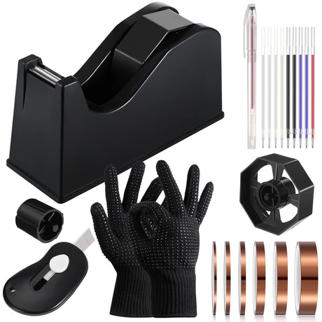 Kosiz 20 Pcs Heat Tape Dispenser Set 2 Heat Resistant Gloves with Silicone Bumps 6 Multi Size Heat Tape for Sublimation Mini Cutter Pen Set Nonskid Weighted Base Tape Holder for Heat Press (Black) Kosiz