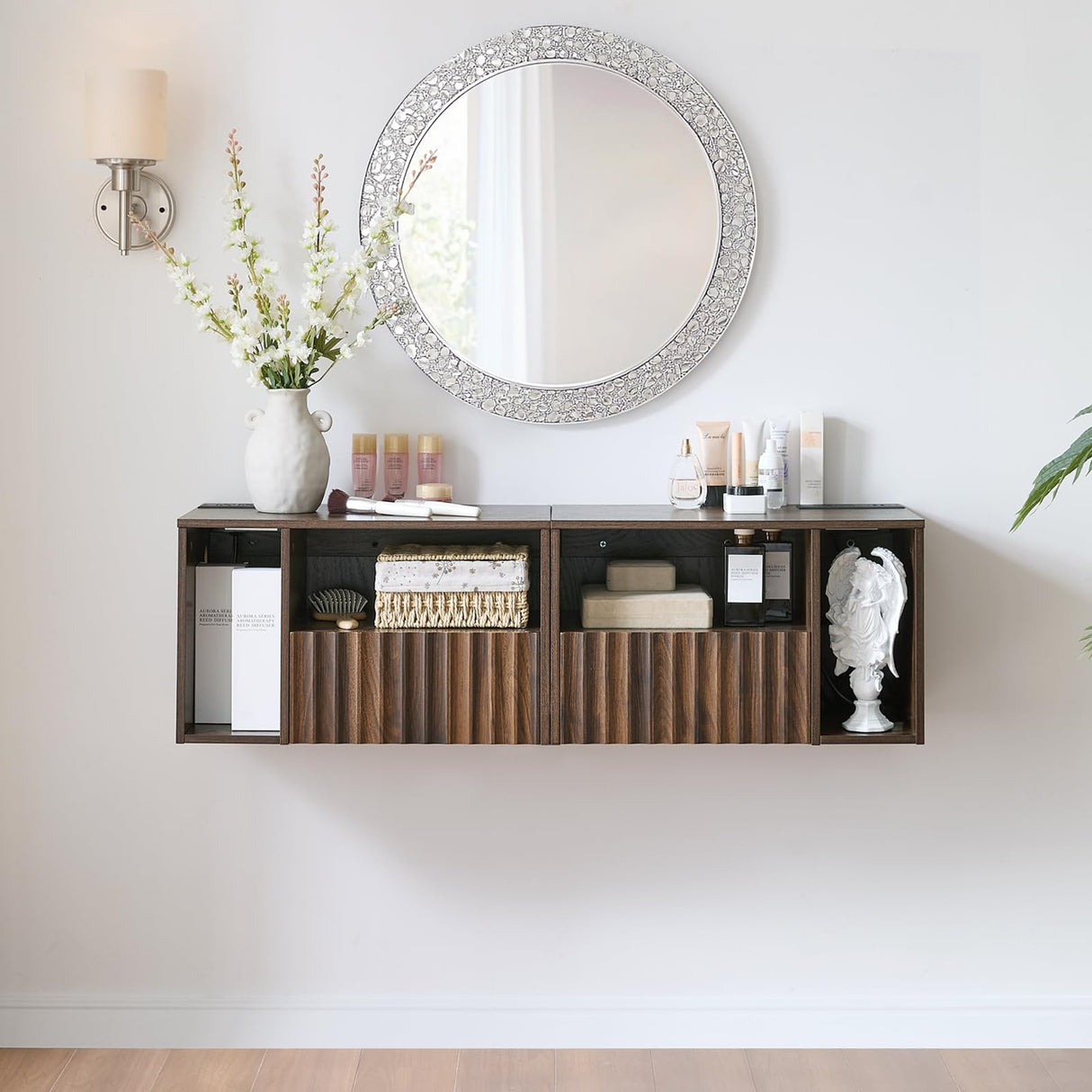 BuildHom Modern Walnut Fluted Floating Nightstand with Charging Station, NightStand with Drawers, Bedside with USB Ports and Outlets, Bedroom Furniture (Set of 2) BuildHom