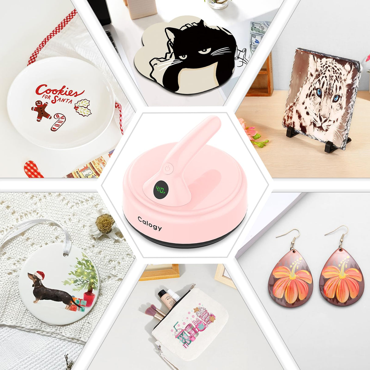 Calogy Mini Heat Press, 5" Diameter Circle Heat Press Machine for T-Shirt Portable, 4 Levels Temp Max 410℉, Small Iron for Crafts, Coaster, Bag, Pillow, Ceramic, Sublimation Ink Heat Transfer (Pink) Calogy