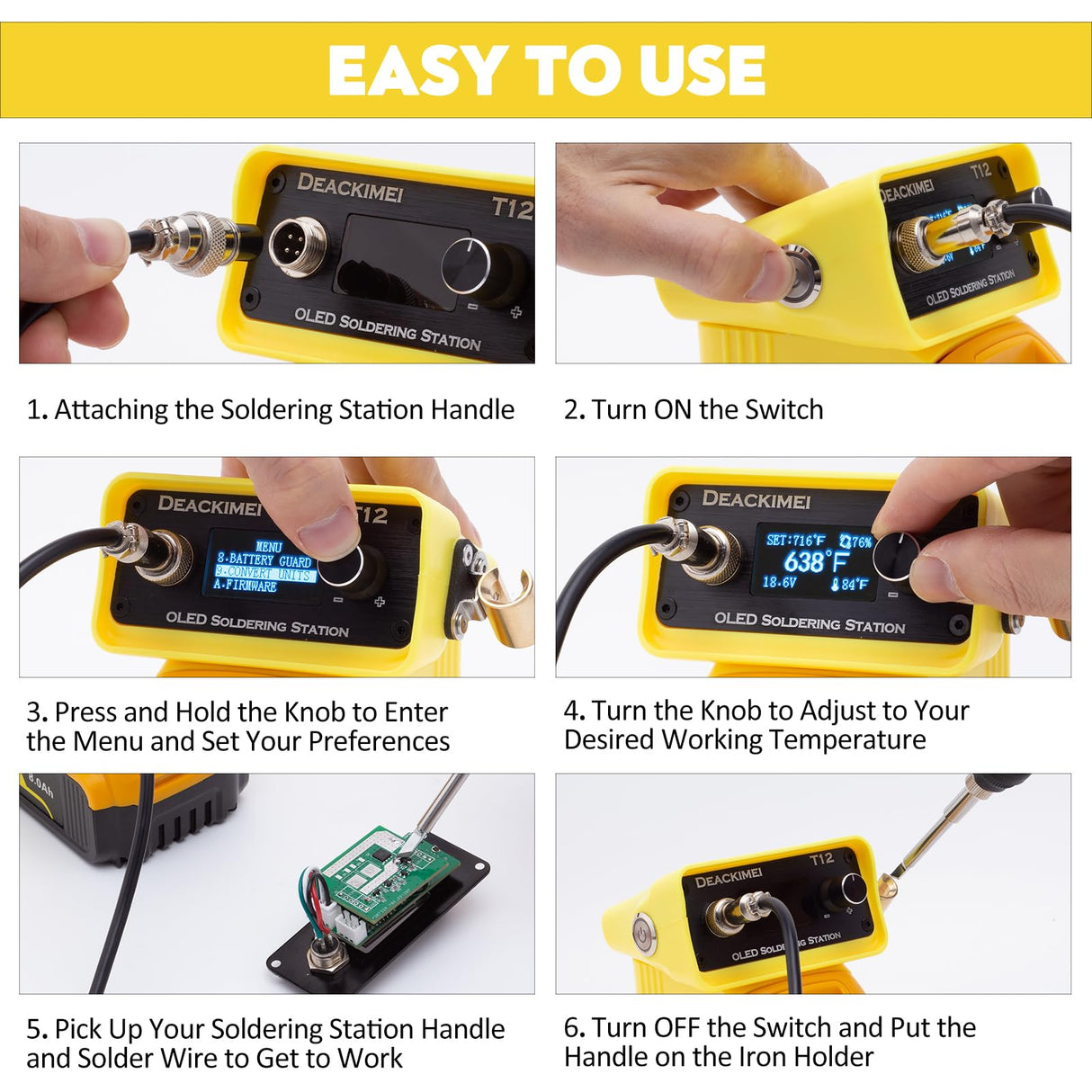 Deackimei Cordless Soldering Iron Station for Dewalt 20V Max Battery, Temperature Adjustable, Auto Sleep & Low Voltage Protection, °C/ºF Conversion, OLED Digital Display, Lead-Free Solder (Tool Only) Deackimei