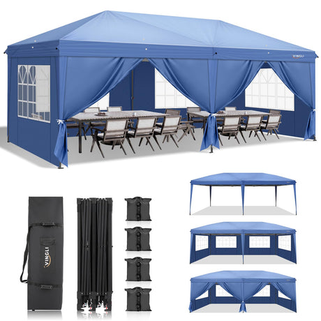 VINGLI 10x20 ft Pop Up Canopy Tent with 6 Sidewalls, Canopy 10x20 with Carry Bag, Outdoor Gazebo Canopy Tent Camping Tent, Patio Event Tent Outdoor Canopy Commercial Canopy(Blue) VINGLI