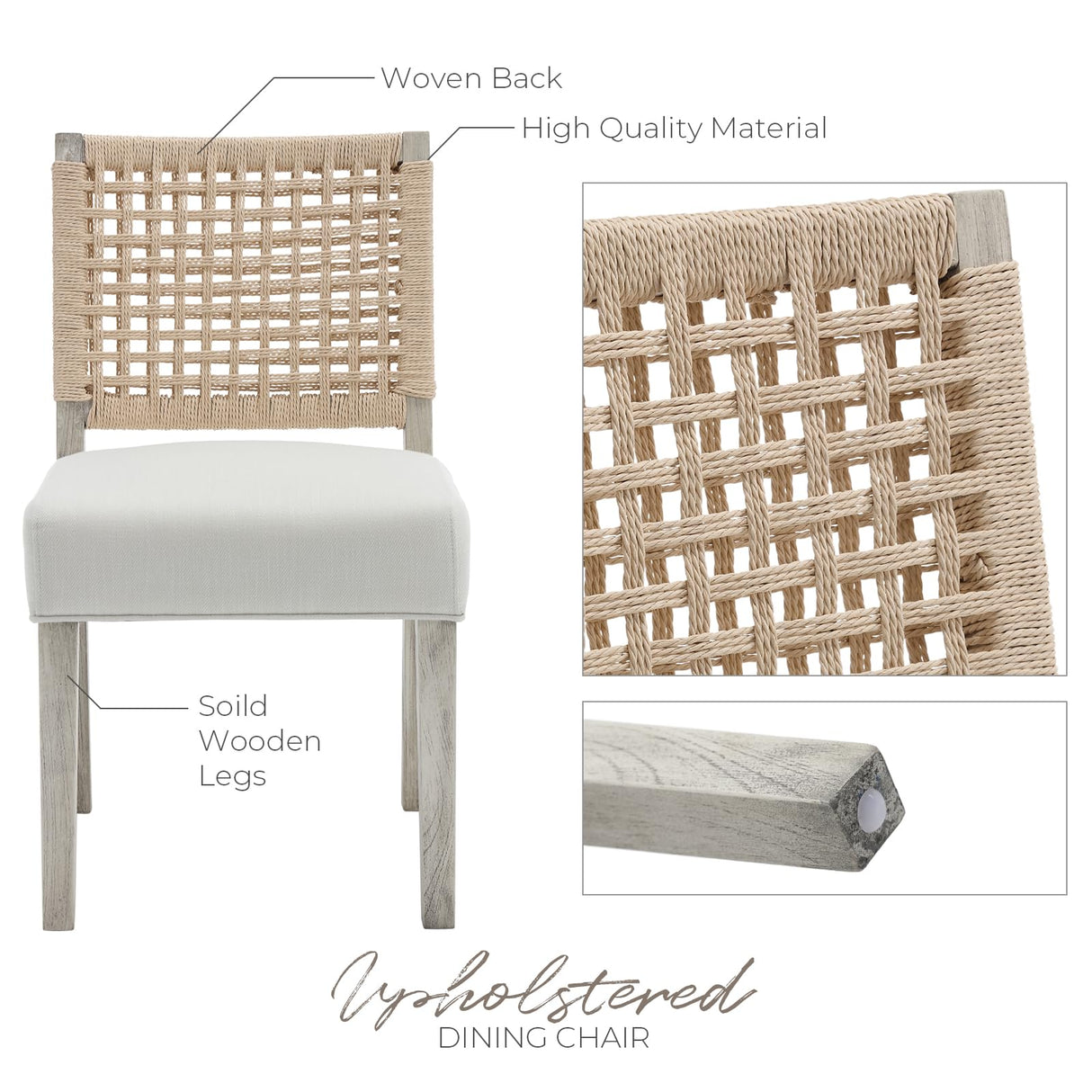 LZAREAL Farmhouse Dining Chairs Set of 4 Linen Fabric Upholstered Accent Side Chair, Mid Century Modern Kitchen & Dining Room Chairs with Woven Rope Back for Home, Living Room, Bedroom - White LZAREAL