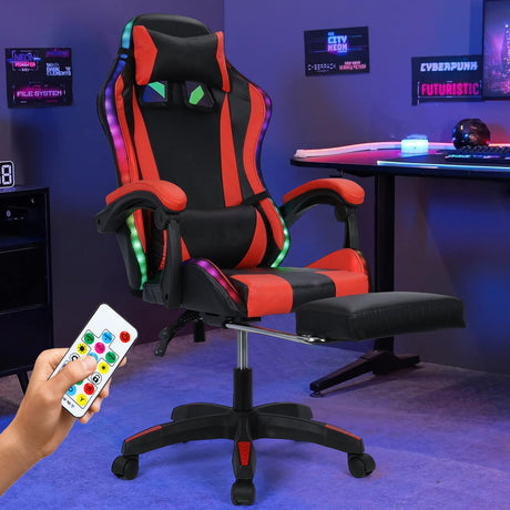 duwiikab Gaming Chair Massage with Bluetooth Speakers and RGB LED Lights, Ergonomic Video Game Chair with Footrest, Height Adjustable Computer Chair for Adults with Back Lumbar Support Red duwiikab