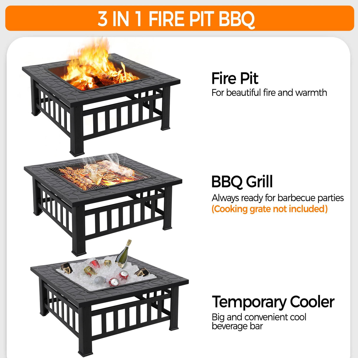 Yaheetech Multifunctional Fire Pit Table 32in Square Metal Firepit Stove Backyard Patio Garden Fireplace for Camping, Outdoor Heating, Bonfire and Picnic Yaheetech