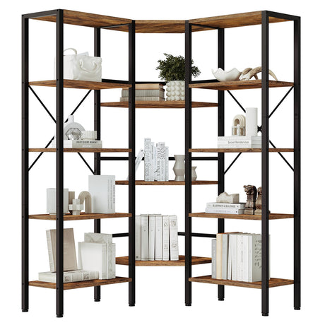 HOOBRO Industrial Corner Bookshelf, 5-Tier L-Shaped Bookcase, Open Display Storage Rack, Floor Standing Storage Shelf, for Living Room, Bedroom, Home Office, Rustic Brown and Black BF68SJ01 HOOBRO